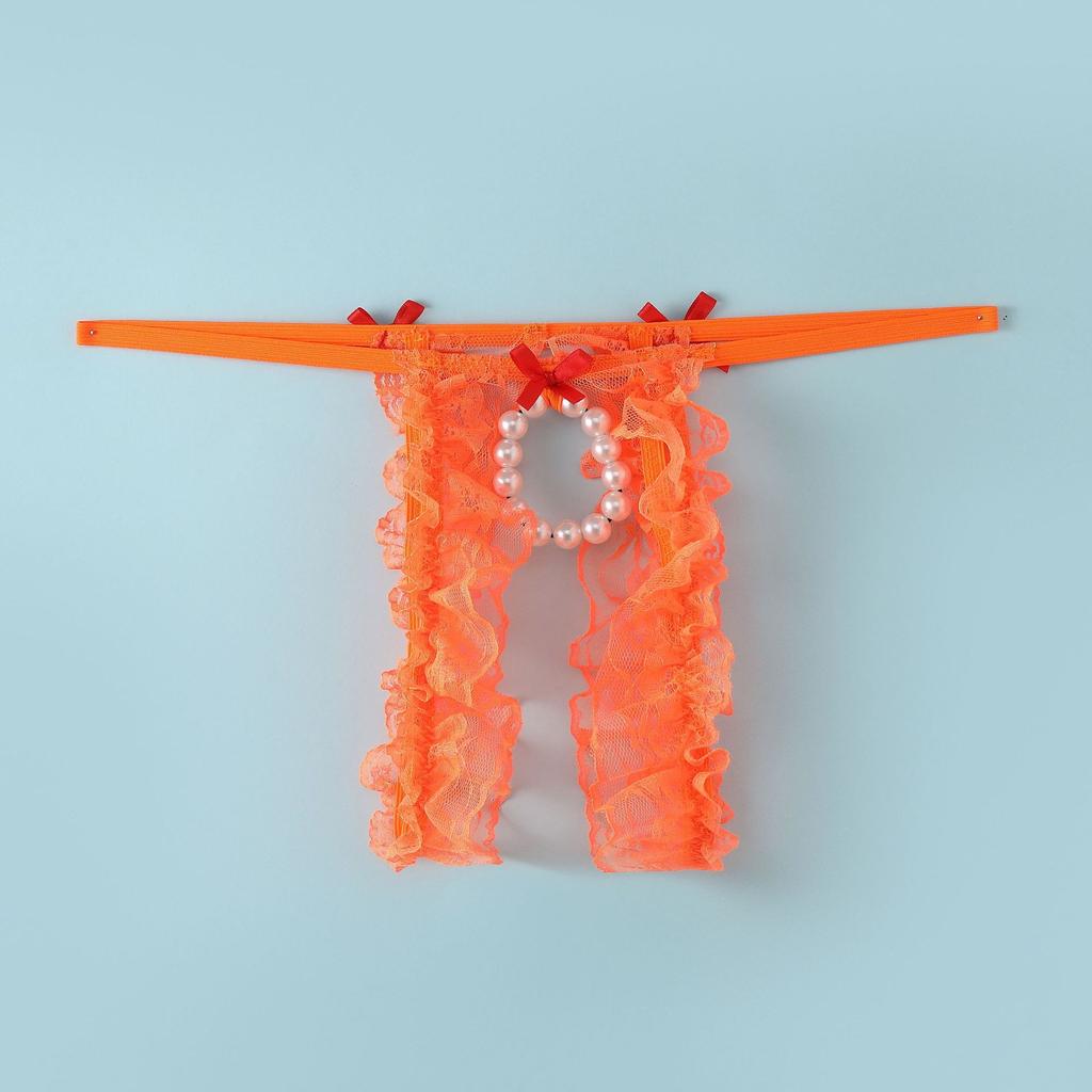 Men's Hot Bow Lace Thong Charm Bead Ring Panties Perspective Hollow Crotch Low Waist Fun Strap