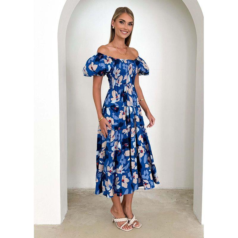 2025 Europe and America Cross Border Spring/Summer New Arrival off-Neck Print Puff Sleeves Silm Mid-Length Tulle Tutu Dress Dress