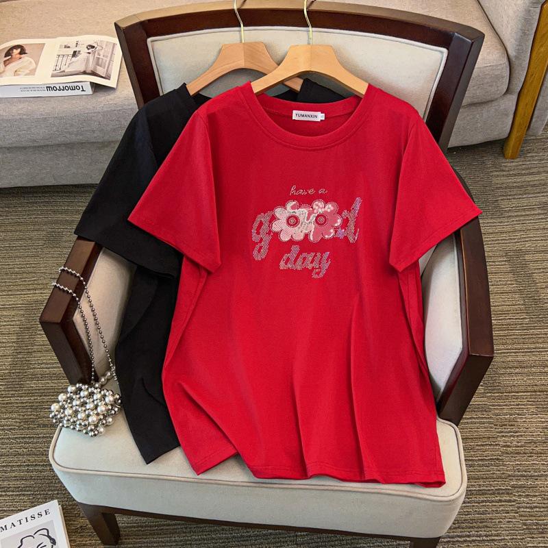 

Plus Size Loose Mid-Length Short-Sleeve T-Shirt for Women 200/300/350 Jin - Style 1172 7XL красный
