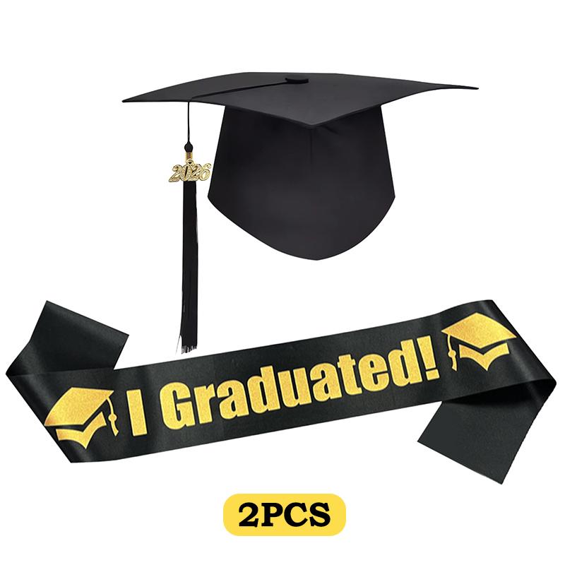 1/2/3Pc Class Of 2026 Black Golden Satin Sash Bachelor Cap With Tassel Graduation Shoulder Strap Congrats Grad Party Photo Props