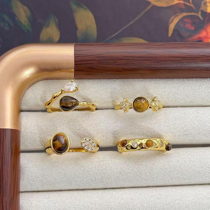 Maillard Imitation Tiger'S Eye Stone Inlaid Zir*****Pen Ring, Female Irregular Temperament Simple Retro Personality Stacked Ring