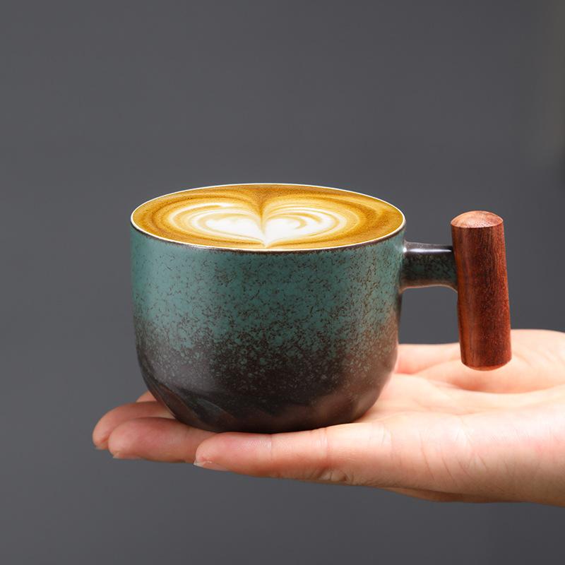 espresso cup creative wooden handle latte cup retro coarse pottery mug medium and ancient ceramic afternoon teacup