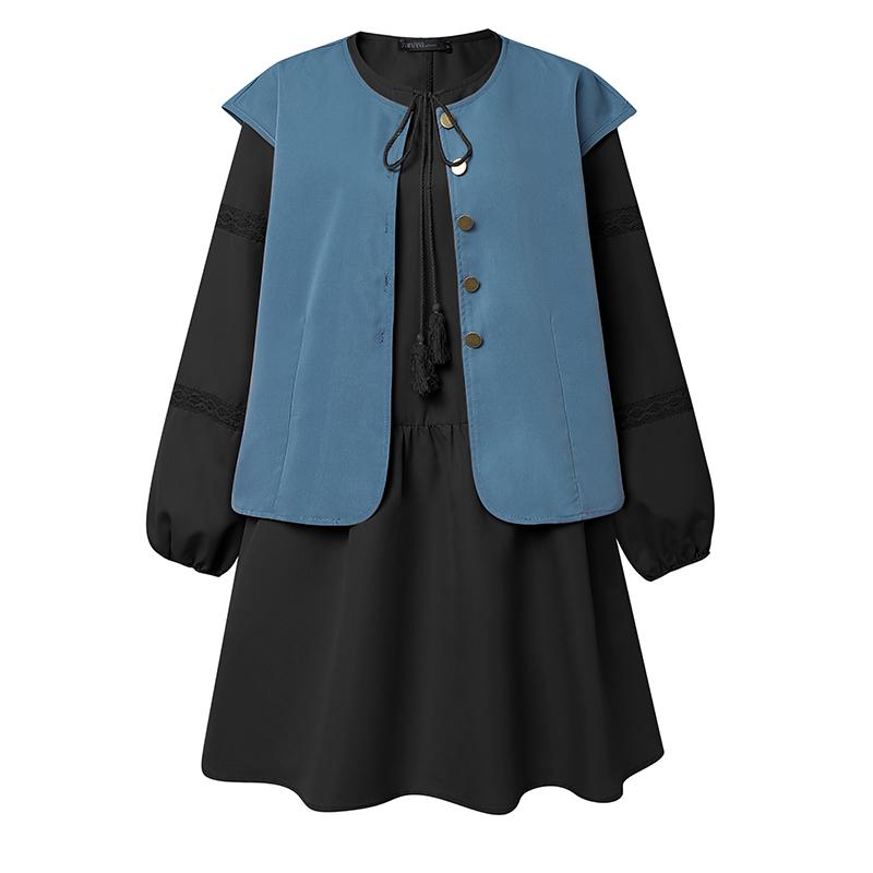 

ZANZEA Women Casual Round Neck Loose Long Sleeve Patchwork Dress 3XL чорний