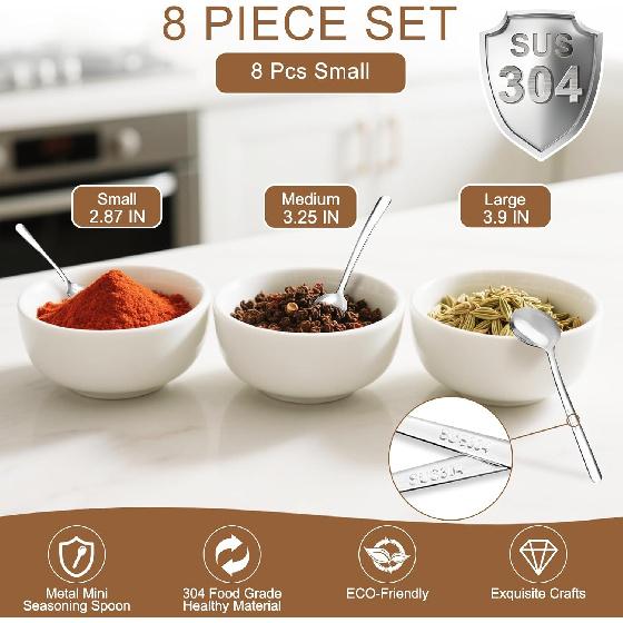 Small Spoons Mini Set - 8 Pcs Tiny Stainless Steel Spoons for Spices, Salt, Sugar, Pepper, and Honey - Food-Grade 304 Mini Condiment Scoops(8 Pcs