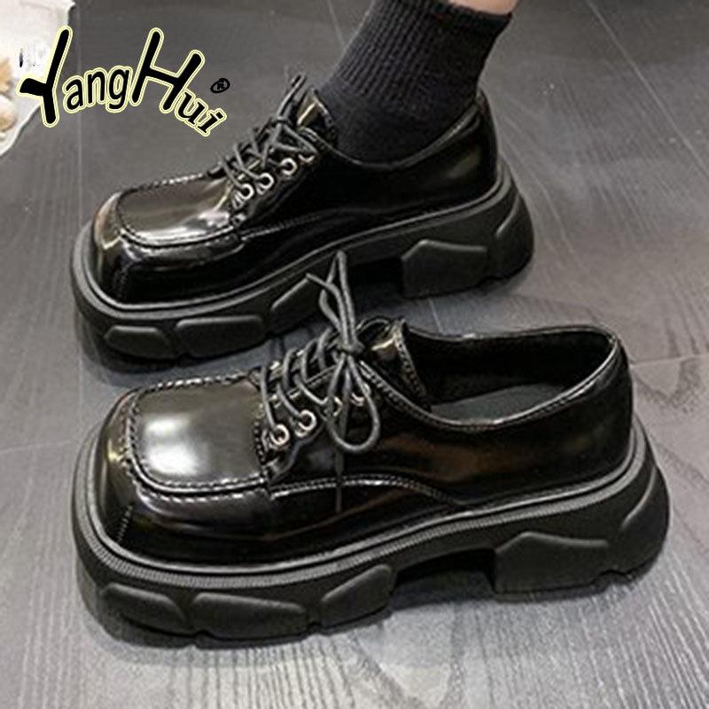 Fashion Women 2024 New Square To Design Beige Chelsea Platform Boots Spring Autumn Lace Thick Heel College Style Small Leather Shoes