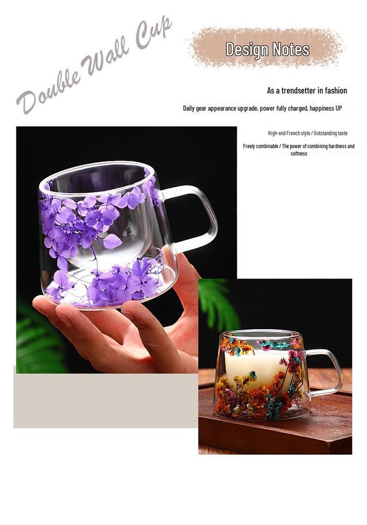Hochwertiger Kreativer Blütenblatt-Quicksand-Glasbecher mit Echten Trockenblumen und doppelwandigem Borosilikatglas für Kaffee