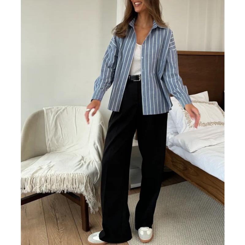 Womens Striped Long Sleeve Loose Button Down Shirt