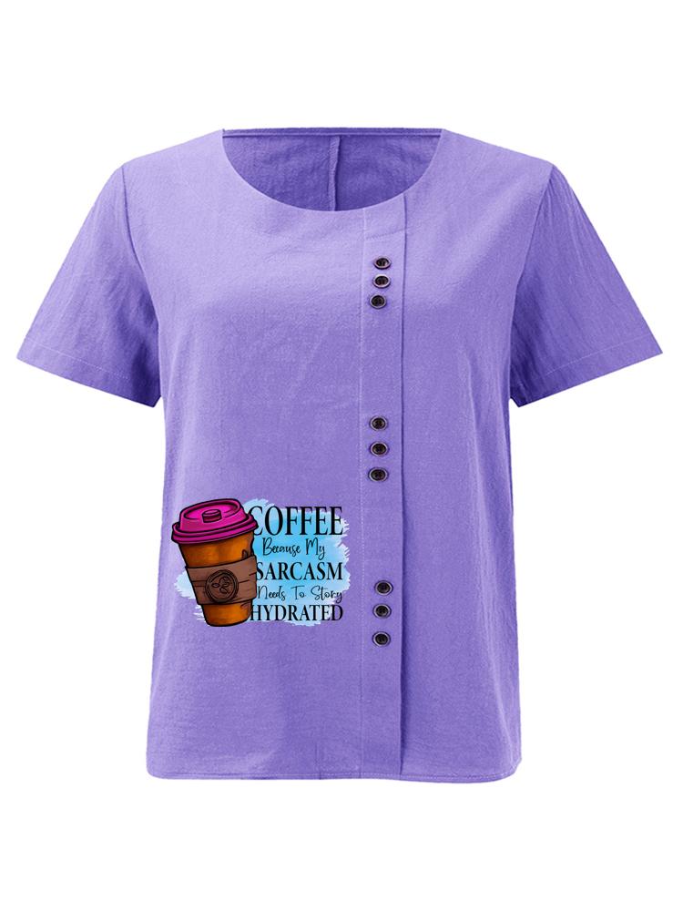 Women's Fashion Coffee Alphabet Print Casual Cotton Linen Short Sleeve Round Neck T-shirt Shirt Leisure Loose Summer Blouse Tops