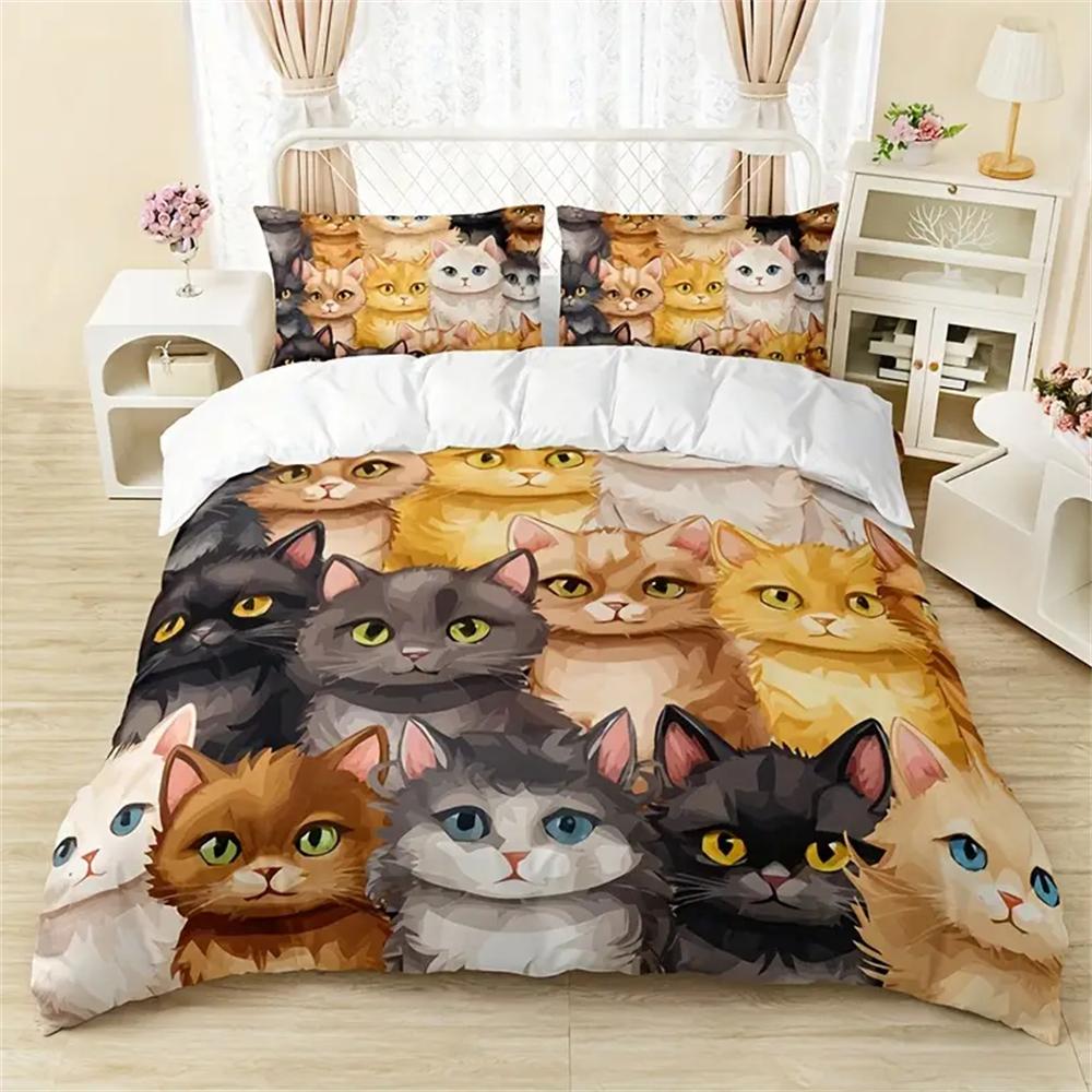 Cute Cartoon Kitten All Season Bedding Set, Soft Comfortable And Breathable Duvet Cover 1*Duvet Cover + 2*Pillowcase