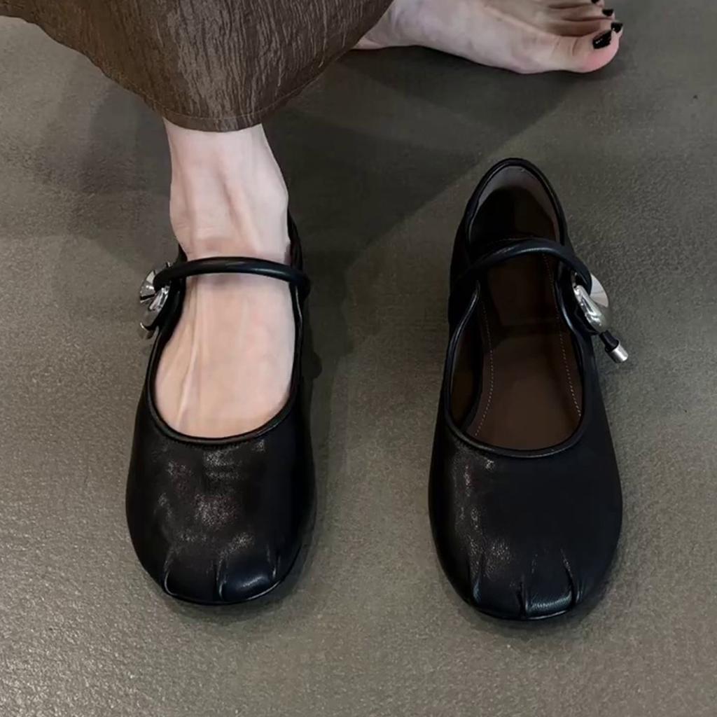 French temperament round head soft leather one-word buckle belt summer wear daily commuting versatile light mouth single shoes