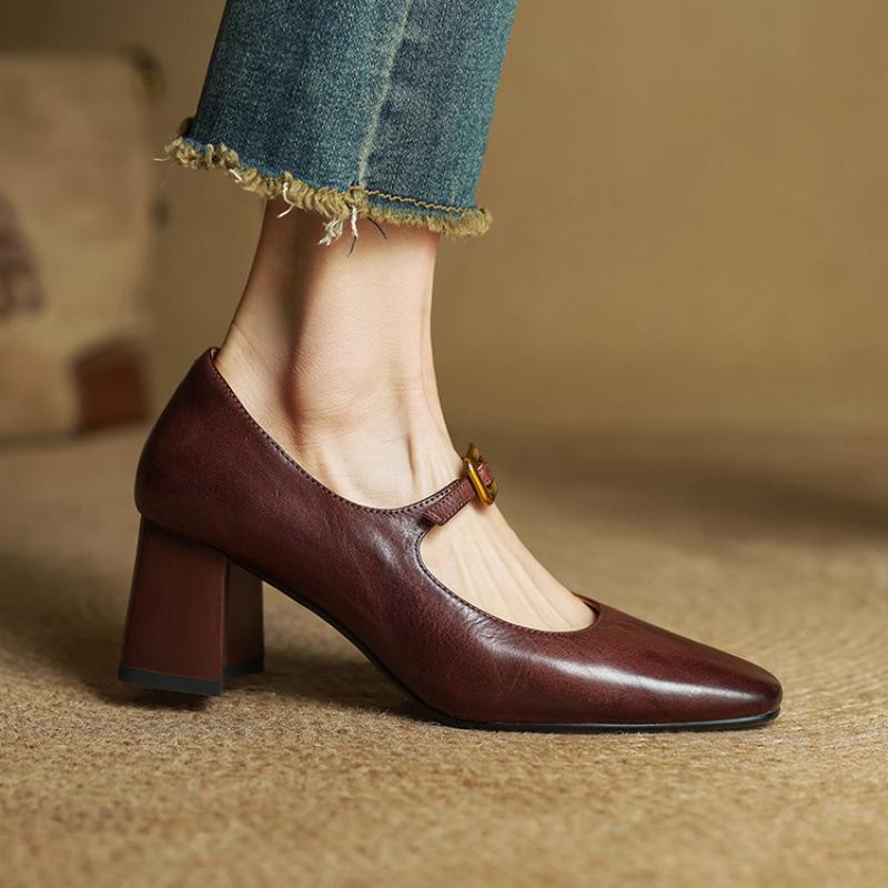 Casual Fashion Single Shoes Women's New Comfortable Large Size Small Leather Shoes Square Head High Heel Beef Tendon Soft Sole Low Top Thick Heel Le