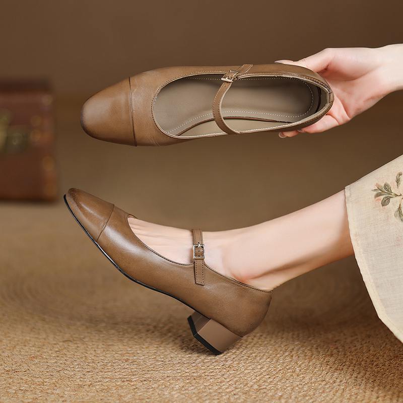 Krazing Pot Cow Skin Spring Summer Size 41 Thick Med Heels Women Round Toe Metal Buckle Straps Shallow Pink Color Pumps