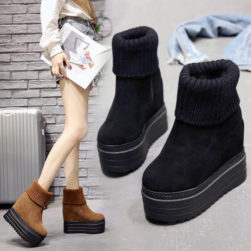 Women's Mid-Calf Boots Winter Knitting Wool Hidden Heel Woman Warm Winter Boots Fashion Platform Thick Sole Shoes Women Boot