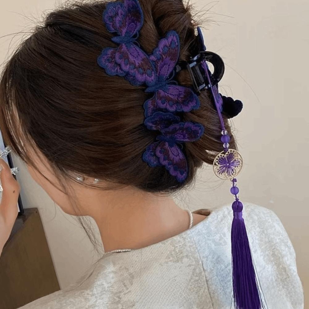 Flower Tassel Hair Grab Clip Kniting Large Shark Clip Vintage Butterfly Hair Claw Women