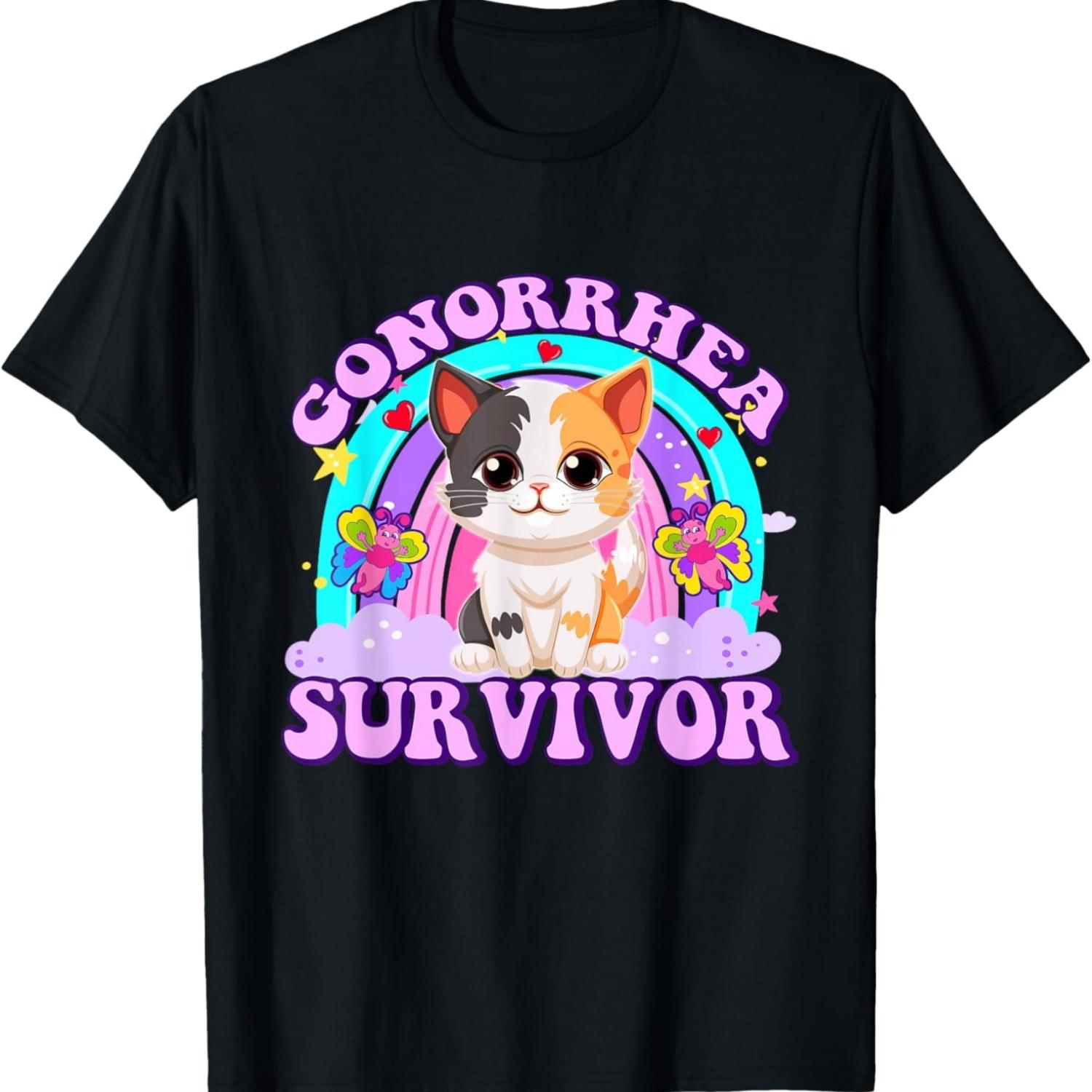 

Gonorrhea Survivor Funny Cat Sarcastic Y2K Inappropriate T-Shirt S чёрный