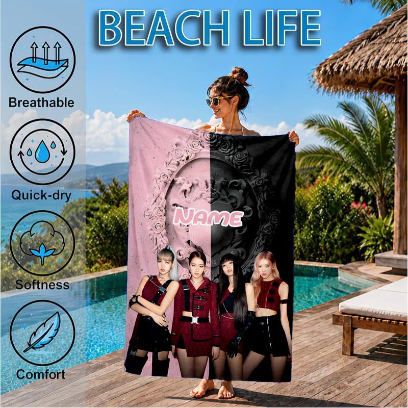 Custom Name Floral Fashion Kpop BP Beach Towel Microfiber Beach Towel, Lightweight and Quick-Dry, for Summer Travel, Swimming Pool Gift