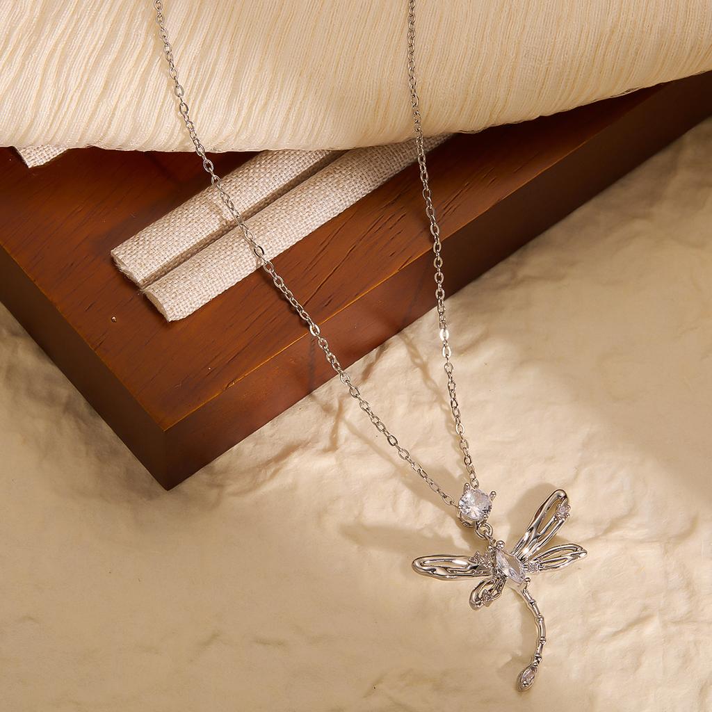 DIEYURO 316L Stainless Steel Hollowed Out Animal Dragonfly Zircon Pendant Necklace For Women New Trend Fashion Neck Jewelry Gift