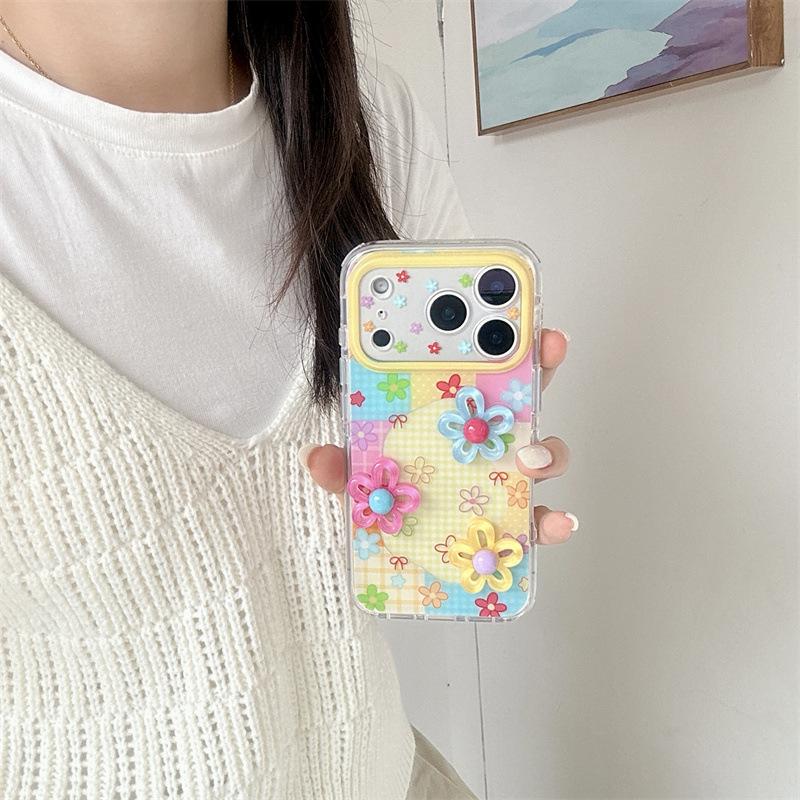 Niche Plaid Color Block 3D Floral Case for iPhone 17, 16 Pro Max, 15, 14