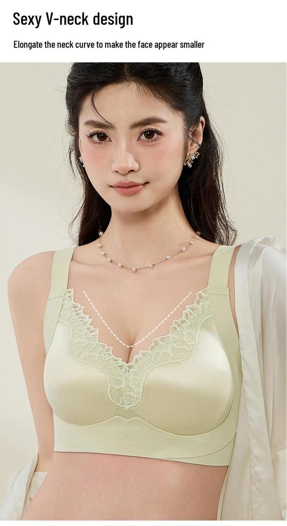 Women's Lace Edge Seamless Satin Bra - Minimizes Large Busts, Push-Up, Summer Thin, No Underwire, Comfortable & Breathable.
