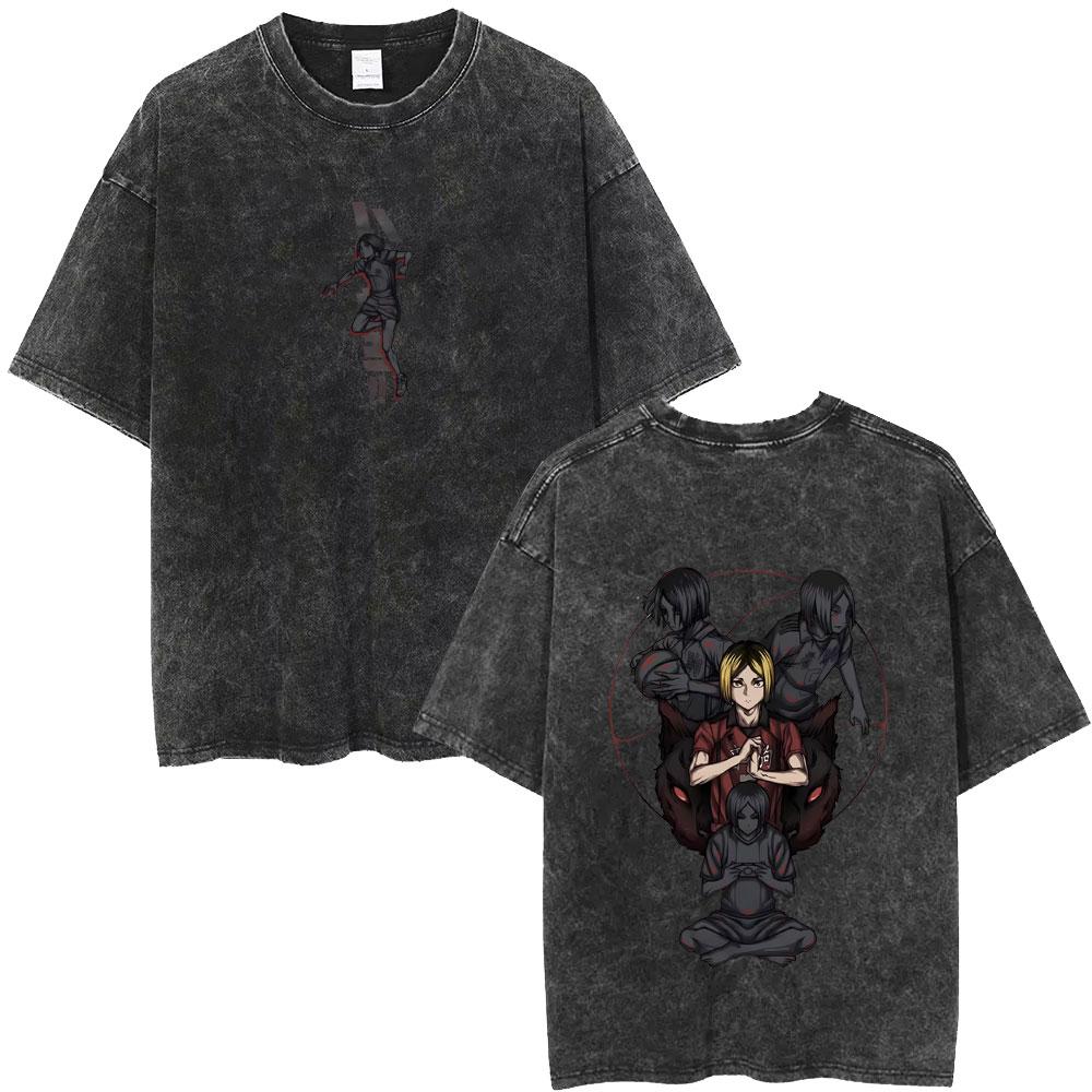 Gewaschenes Vintage Anime Haikyuu KARASUNO Merch T-Shirt Herren Cartoon Manga Oversized T-Shirt Herren Sommer Lässige Kurzarm-T-Shirts