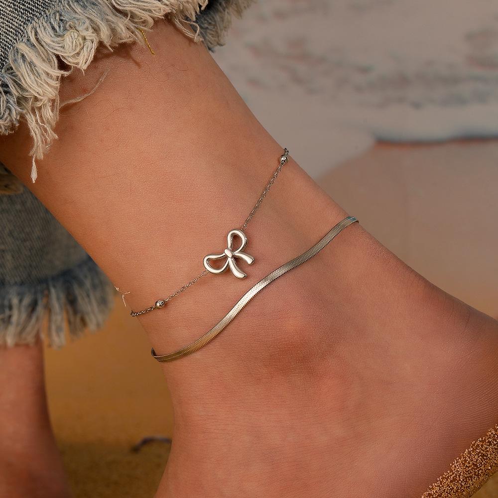 Cross Stainless Steel Double-Layer Bow Knot Anklet with Colorfast 18K Electroplated Bead Clasp