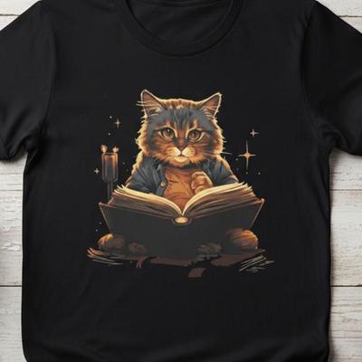 Wizard Cat Reading Spellbook T Shirt, Magical Witchy Feline Graphic Tee, Fantasy Cat Lover Top, Cottagecore Dark Academia Unisex Shirt