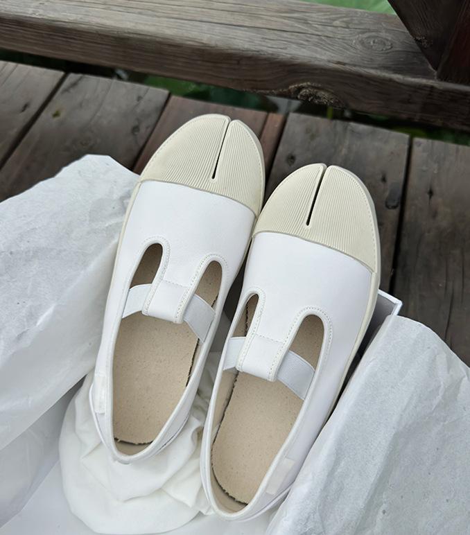 

Кожаные корейские нишевые туфли-носки с раздвоенным носком и парусиновым верхом, женские маленькие белые туфли на толстой подошве на плоской подошве с эластичной резинкой Мэри Джейн 40 белый