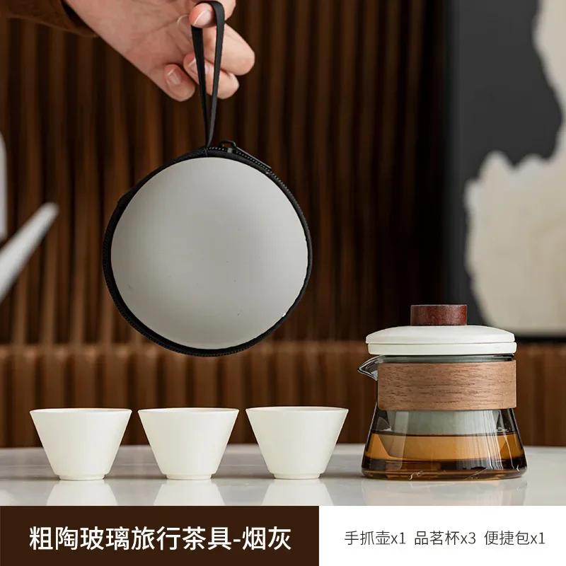 Exquisite Ceramic Outdoor Travel Tea Set One Pot Three Cups Storage Bag Set Portable Tea Pot and Cup Set Zen Tea Infuser