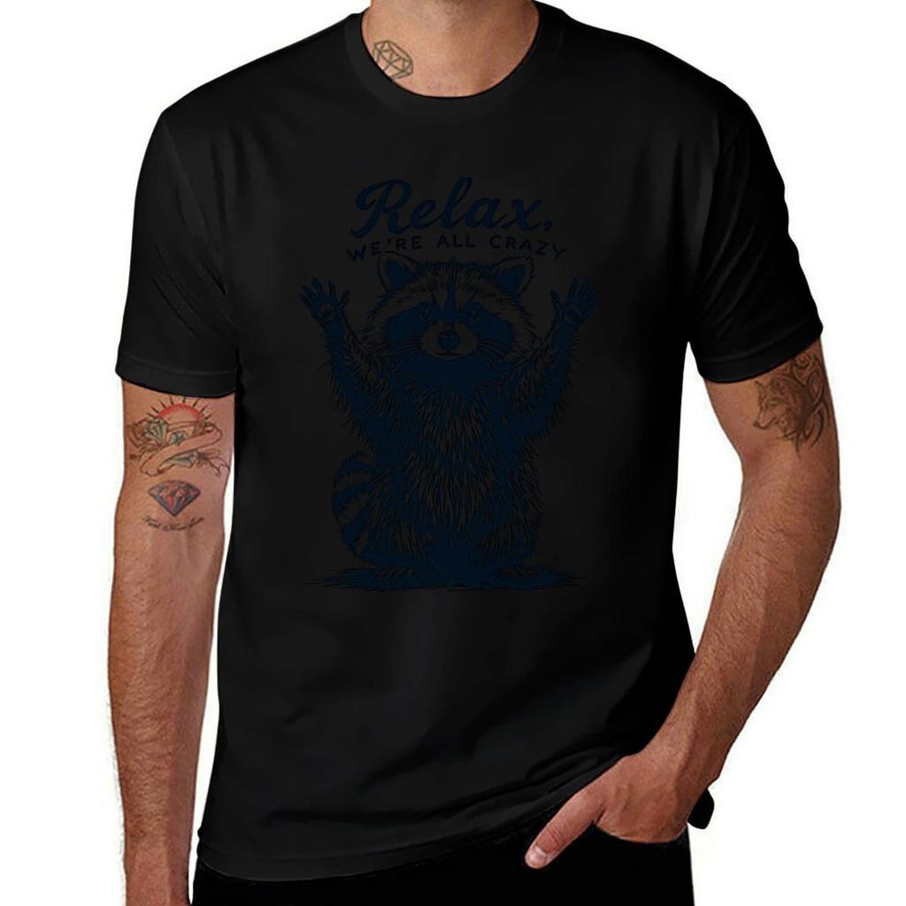 Funny Raccoon Relax Were All Crazy TShirt Work Utility Short Sleeve Shirt