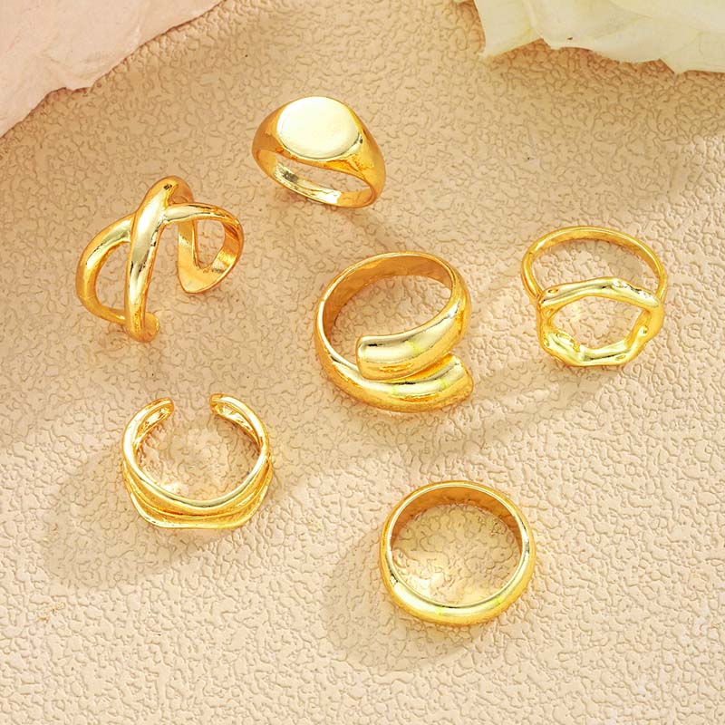 6Pcs/set Gold Color Geometric Chunky Open Rings Set for Women Exaggerated Metal Smooth Adjustable Finger Ring Jewelry Gifts New