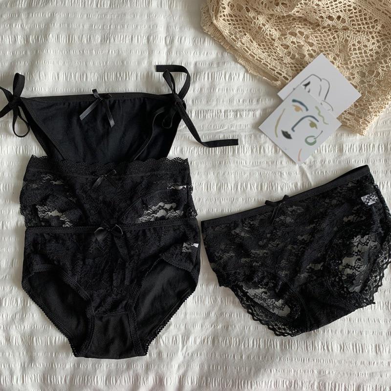 Sexy Solid Color Lace Nylon Briefs Fashion Comfortable Mid Waist Seamless 4 Pieces Panties For Women