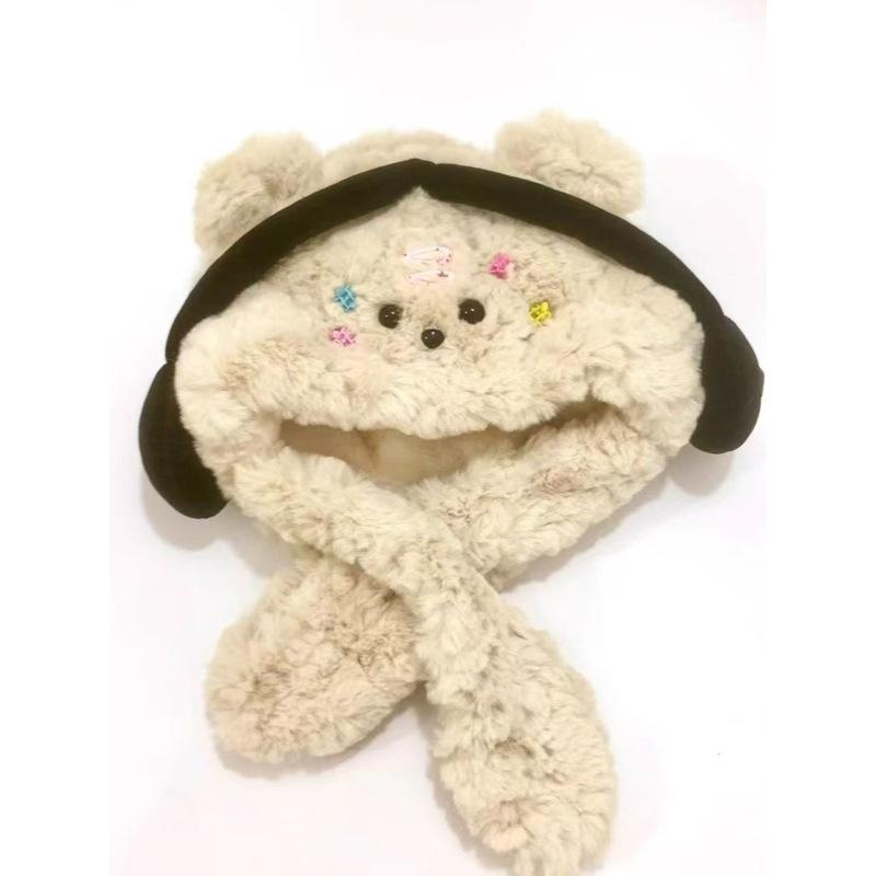 Winter hat plush thickened cute earphones bear hat scarf integrated plush ear protector pullover hat