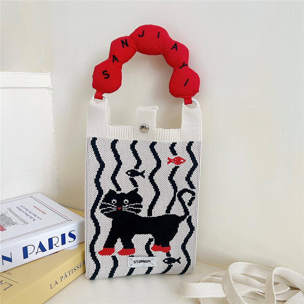 Knitted Mobile Phone Bag For Women In Spring And Autumn Cute Cartoon Versatile One Shoulder Diagonal Cross Bag Travel Coin Purse Small Handbag