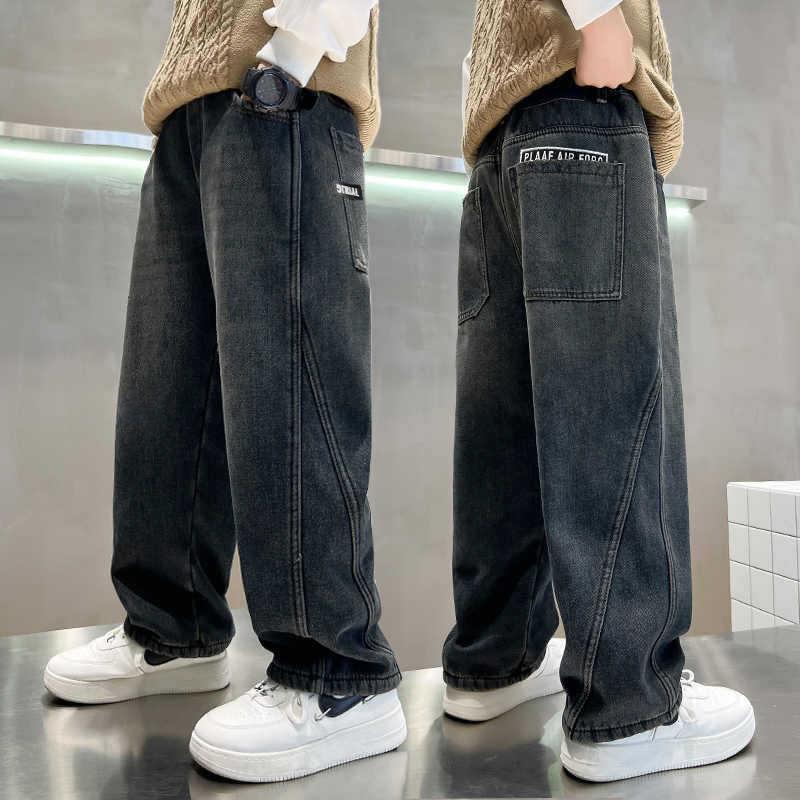 Calças Jeans de Outono para Meninos Calças Sólidas de Cintura Elástica Jeans Infantil Calças Soltas de Perna Larga Calças Retas Casuais para Adolescentes