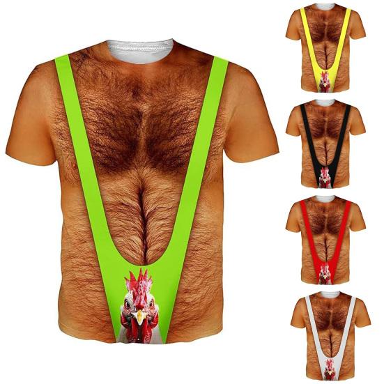 Chest Hair Toupee T-Shirt, Men Funny Muscle Shirt with False Chest Hair, Six Pack Ugly Muscle Tee, Loose Fit Shirt for Bachelor Party Carnivals