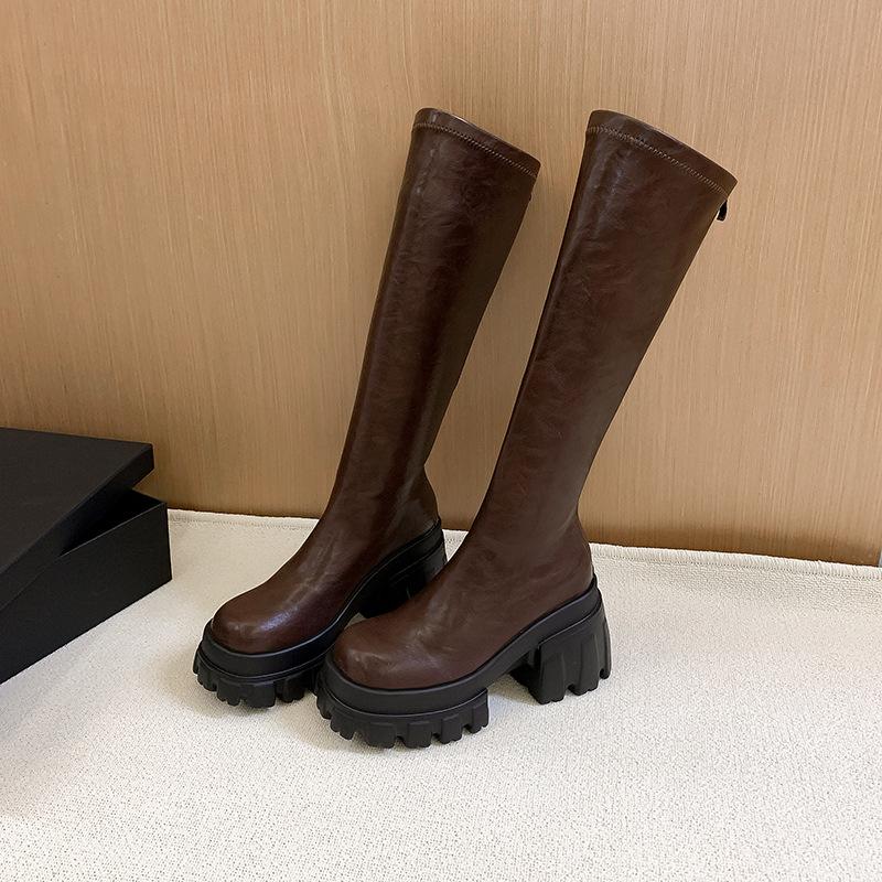 

Heel 2025 but knee boots women s leather velvet knight boots winter warm elastic pleated thin high boots 40