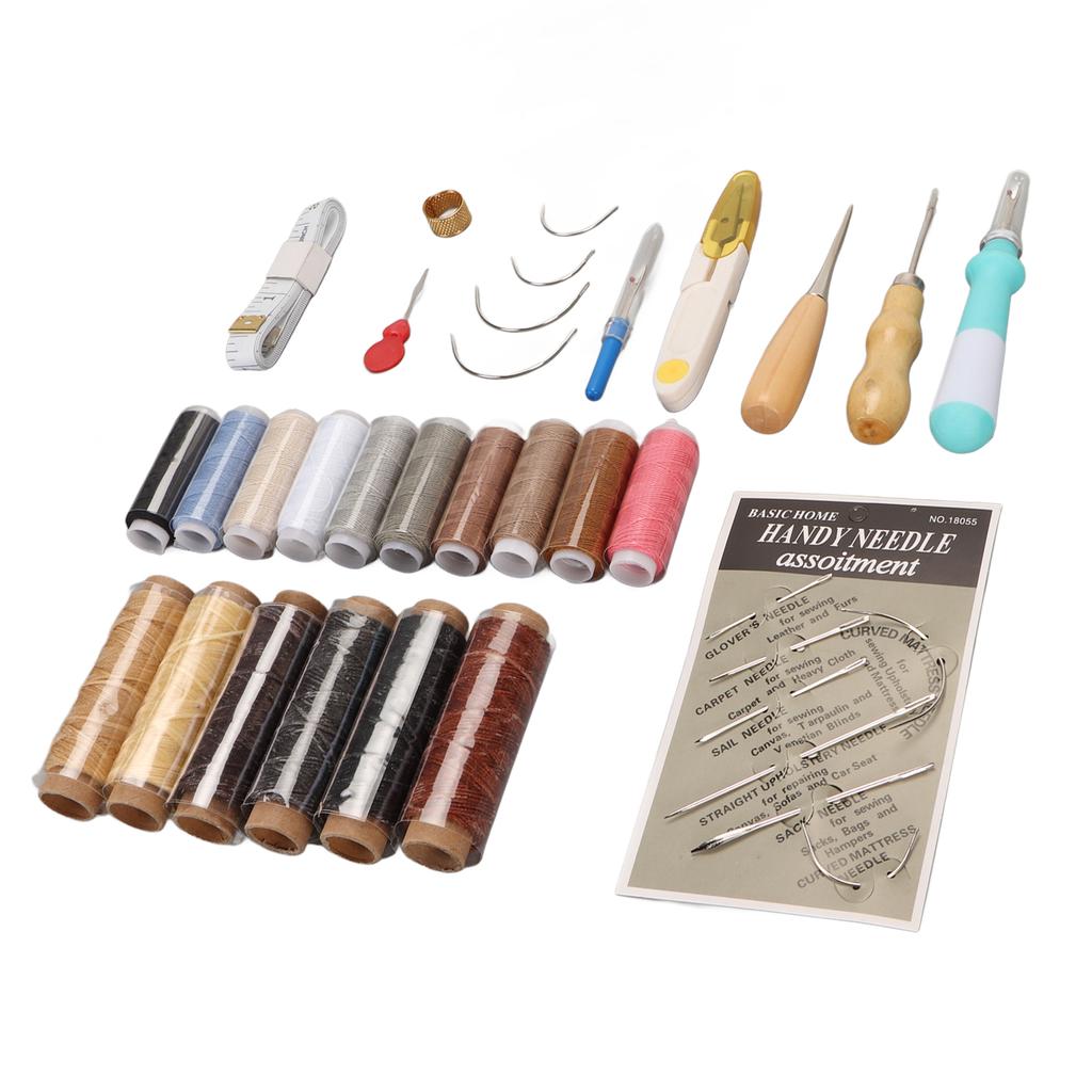 Leather Sewing Kit 16 Colors Waxed Thread Large Eye Stitching Needles Awl Sewing Thimble Leather