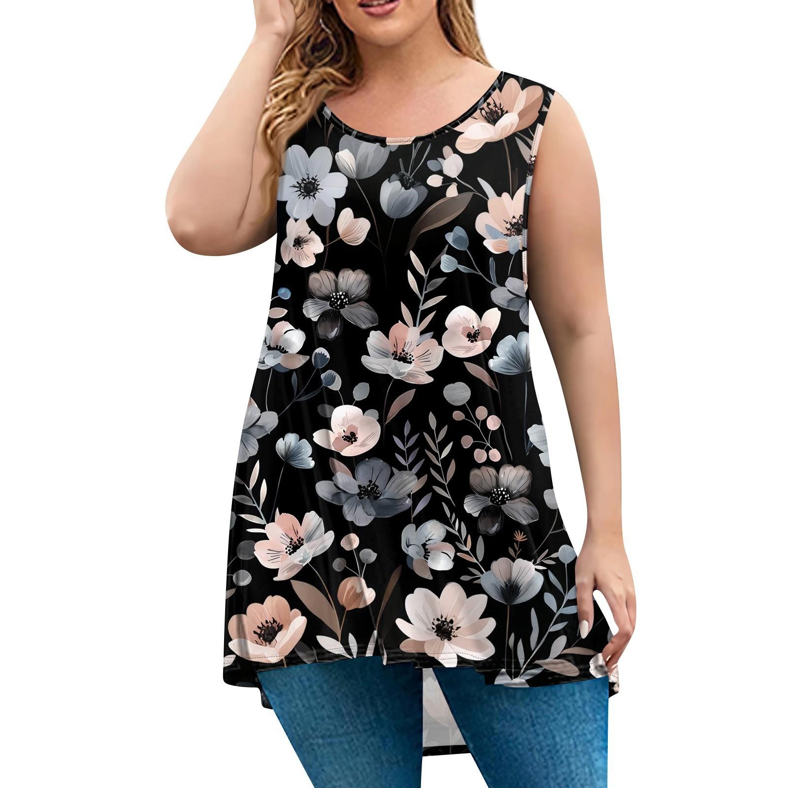 

Женская мода большого размера с круглым вырезом без рукавов повседневный свободный пуловер с принтом XXL чёрный