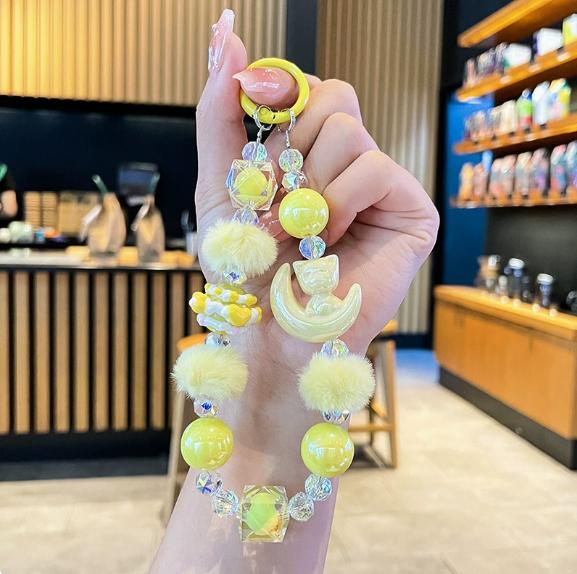 New Women'S Pom Pom Hand-Painted Bead Phone Chain Cute Dopamine Color Wrist Strap For Phone Case Bag Keychain