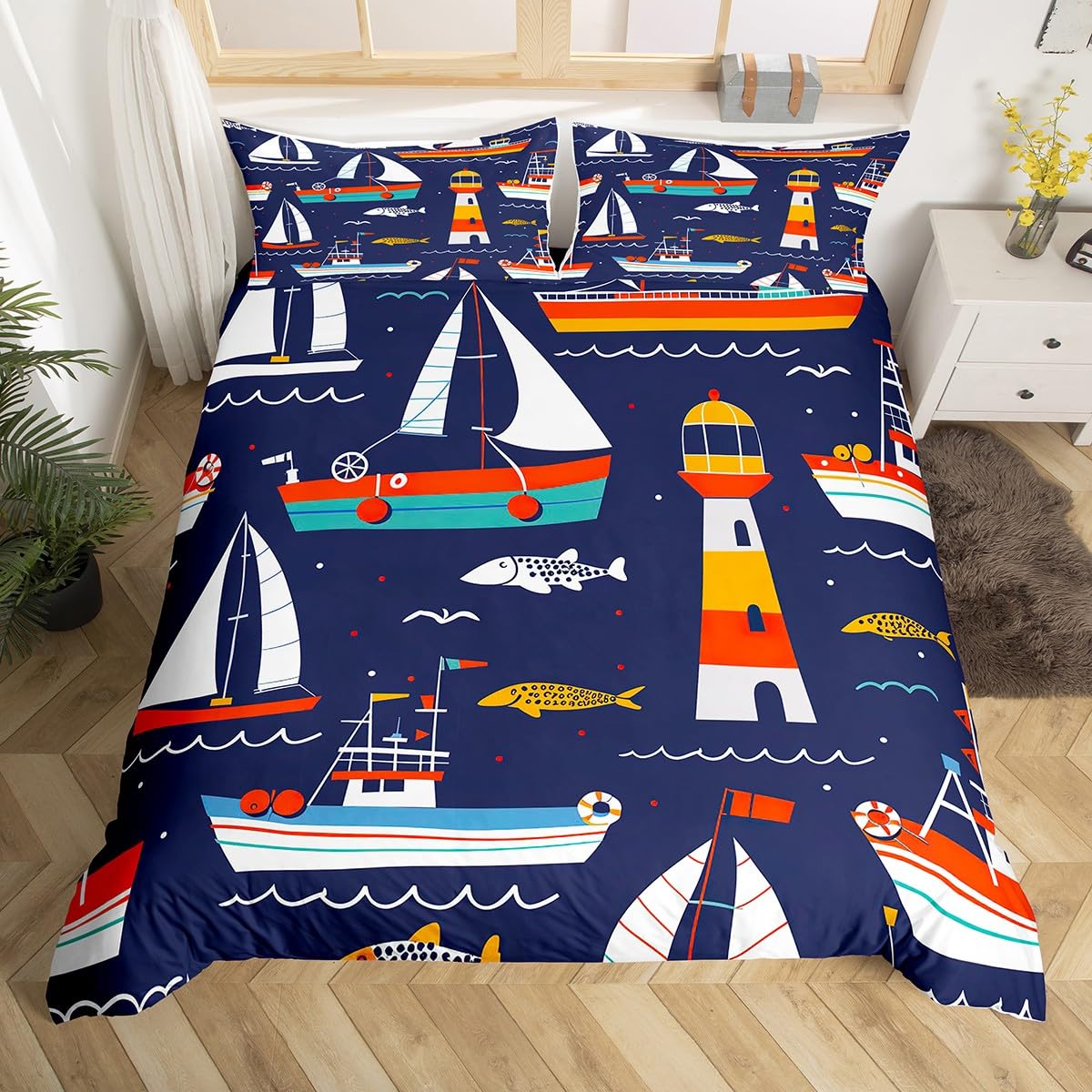

Watercolor Lighthouse Sailboat Duvet Cover Eiffel Tower Bedding Set Nautical Adventure Comforter Cover Polyester Quilt Cover (135x200cm)