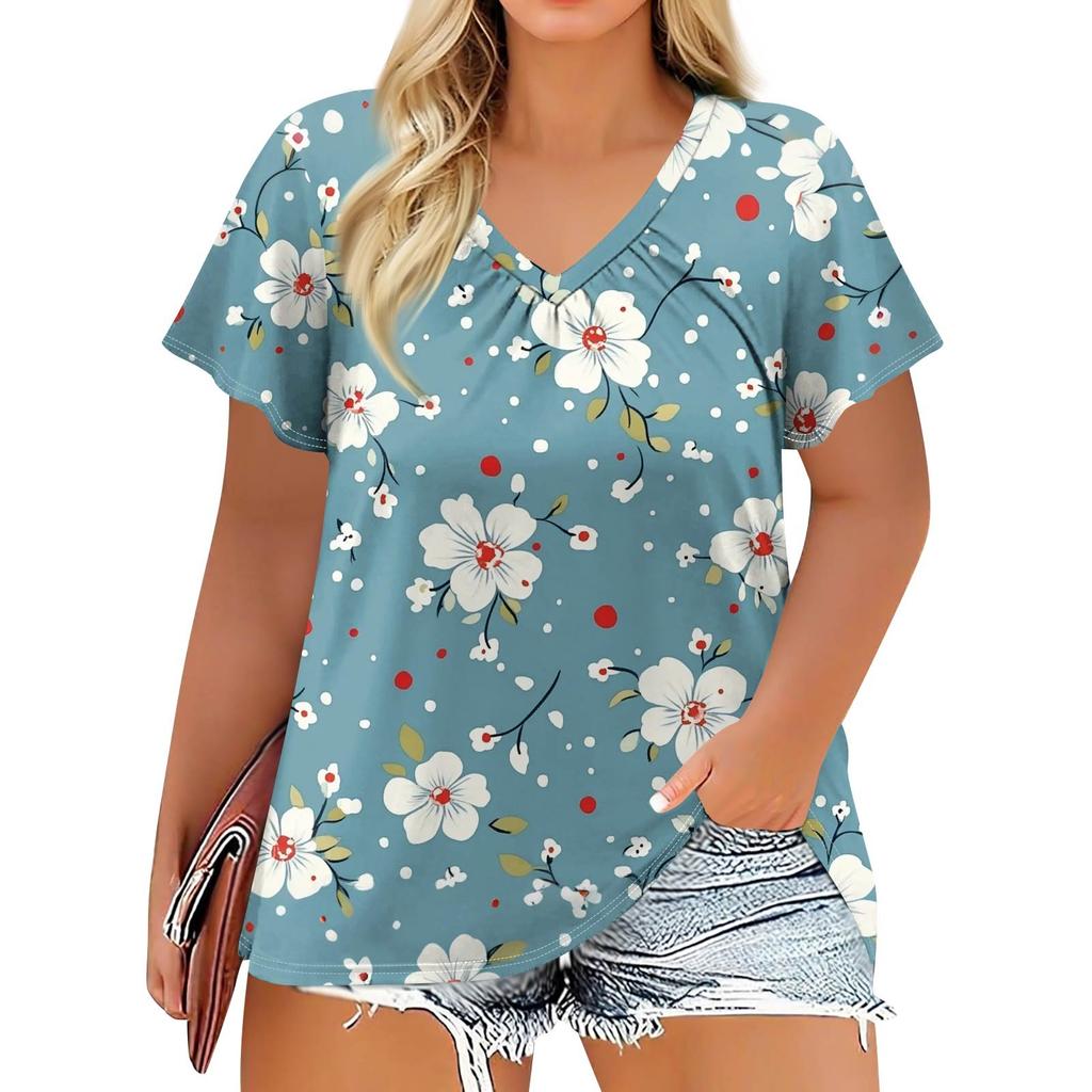 Women's Fashion Casual Printed  V-Neck Short Sleeve Large Size T-Shirt Top