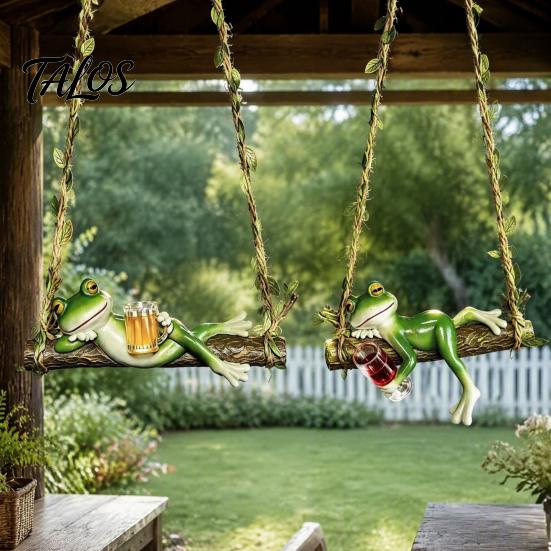 Whimsical Tree Hanging Sculpture 2Pcs Swing Frog Garden Statue with Hemp Rope, Ornament Beer/Wine Creative Landscaping Gifts for Outdoor Decor,