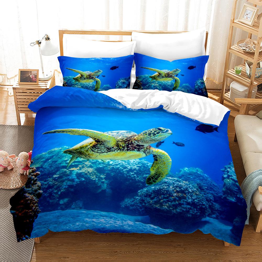 Dolphin Turtle Bedding Set Print Quilt Cover 3 Pieces Duvet Cover Sea Animals Scenery Comforter Set Kids Boys Duvet Cover Set