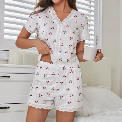 2025 Sommer Kirschdruck Damen Pyjama Set Spitzenbesatz Kurzarm Vorne Knopfleiste Top & Shorts 2 Stück Anzug Nachtwäsche Nachtwäsche Homewear