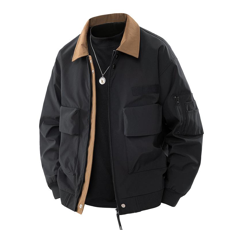 American Retro Bomber Spring Autumn Workwear Lapel Contrasting Color Men's Fashion Casual Jacket Outfit Hombre