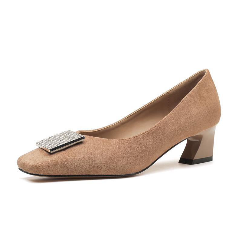 H823-1 Square Buckle Ornament Suede Thick Heel Women's Shoes Small Square Head Sheepskin Insole Autumn and Winter New Shoes Female Internet Celebritie
