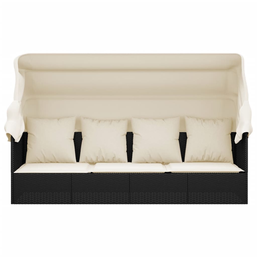 vidaXL Outdoor-Loungebett mit Dach und Kissen Schwarz Poly Rattan