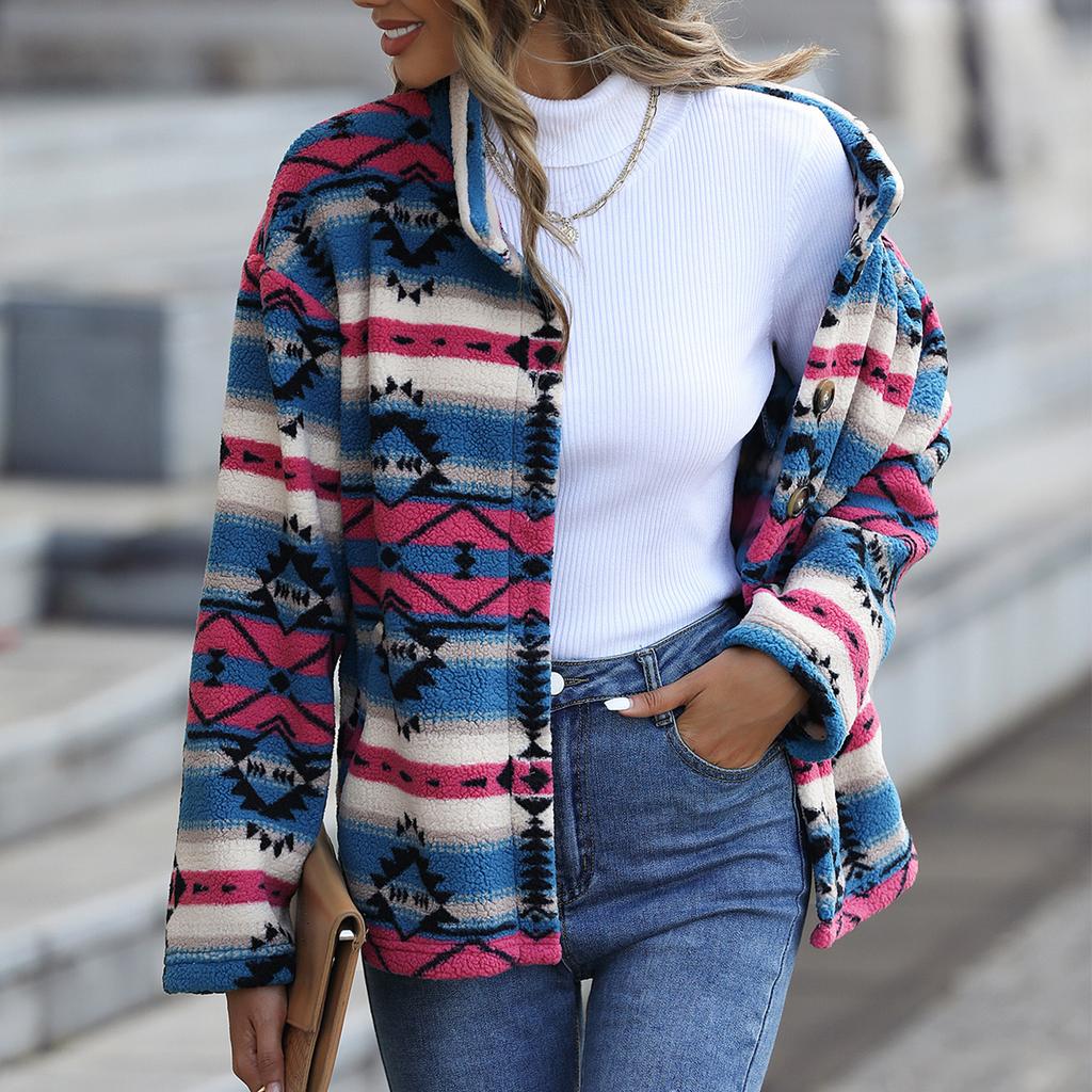 Womens Aztec Shacket Jacket Geometric Patterns Long Sleeve Button Down Fleece Short Coat for Home
