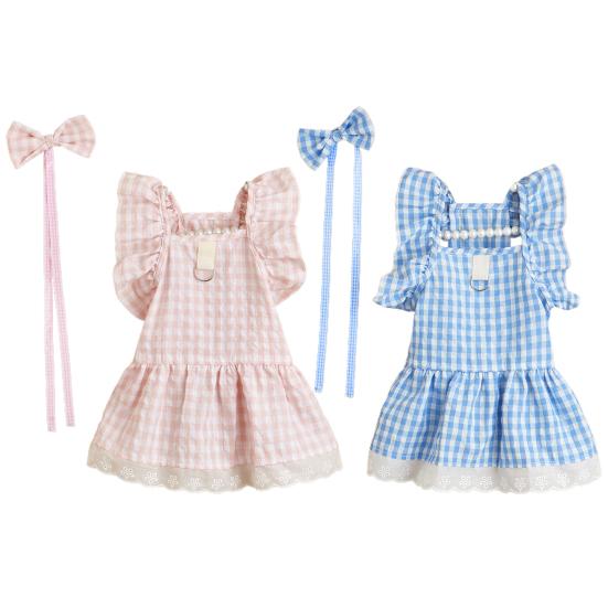Yousheng Summer Dog Clothes Bow Headdress Ruffled Sleeve Lace Hem Pullover Elegant Dressing-Up Soft Plaid Dress Pet Cat Two-legged Clothes Puppy