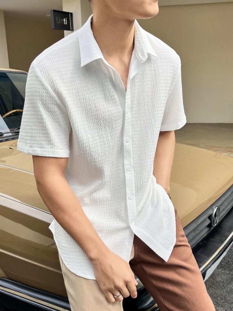 Men's Solid Color Summer Thin Pleated Feng Shui Ripple Breathable Short Sleeved Casual Shirt